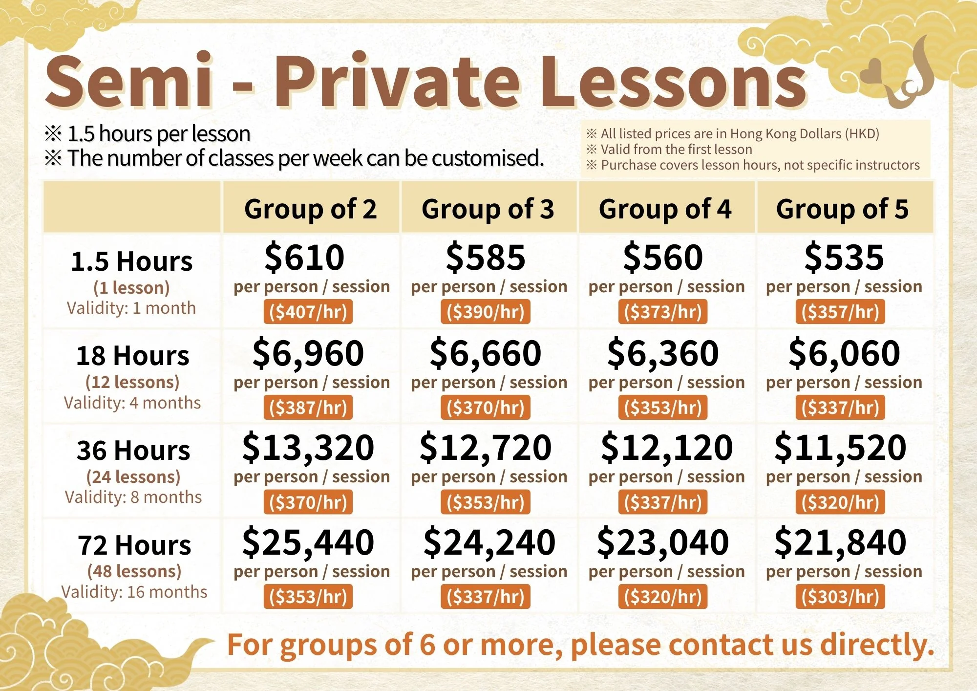 Semi-private Lessons Price List